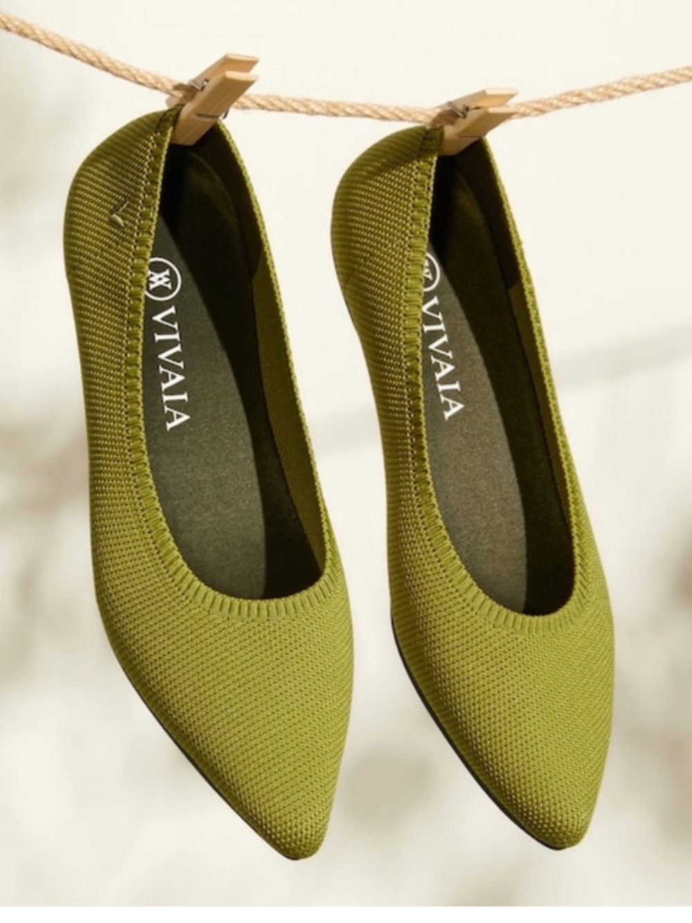 Vivaia Aria 5 Pointed Toe Ballet Flats Olive Green 37.5 7 Knit Shoes